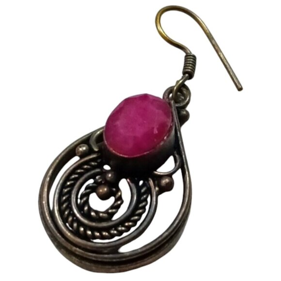 Vintage Dangle Earrings Pear Drop Shape with Red Rubies 1" Long - Picture 3 of 3